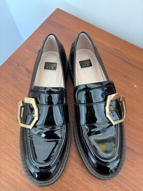 Louise et Cie Black Patent Loafers with Gold Buckle